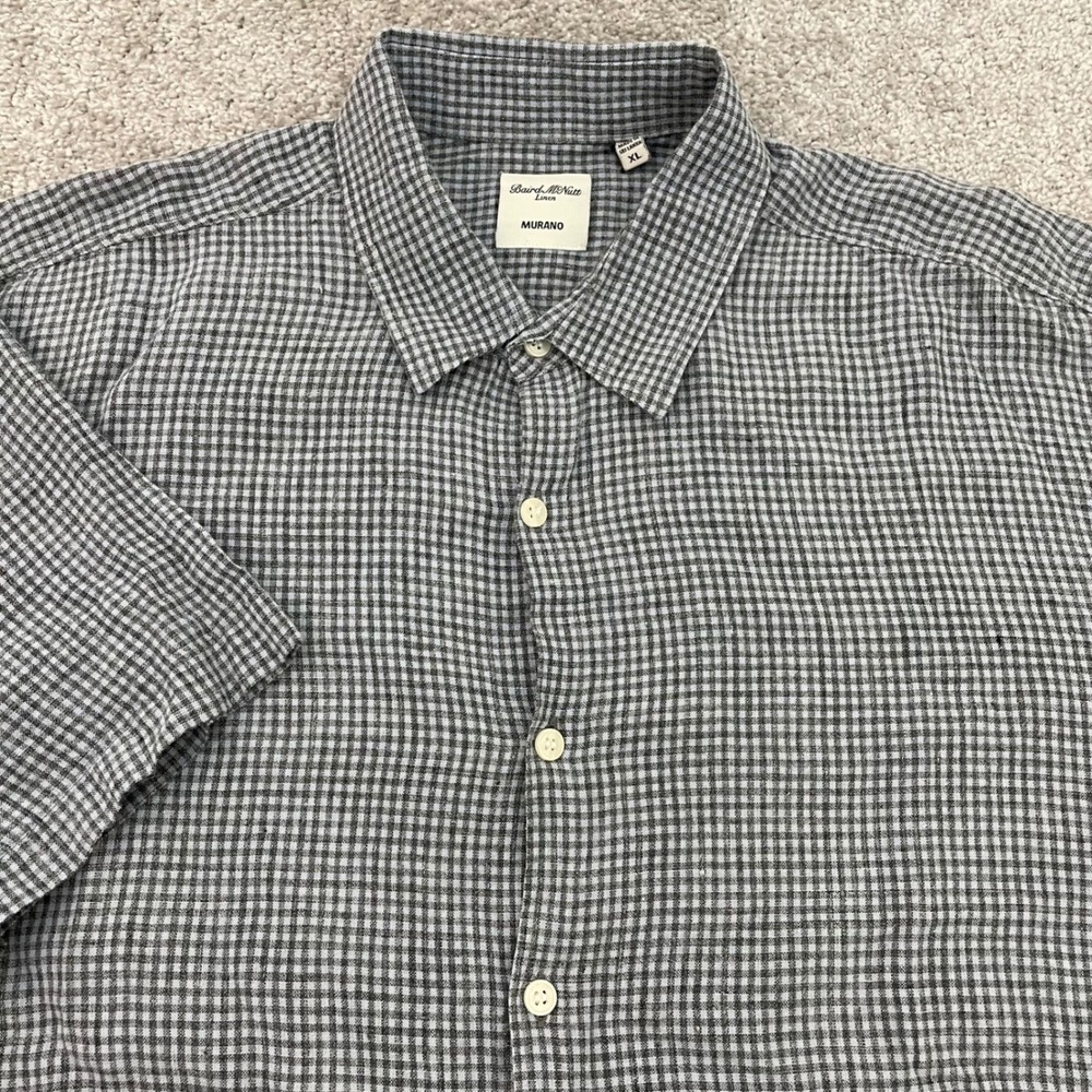 Murano Linen Mens XL Baird McNutt Grey Gingham Button-Down Short Sleeve Shirt